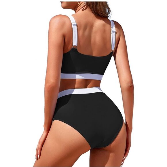 NWT Womens High Waisted Bikini full coverage black white swimsuit Large NEW - Picture 2 of 7